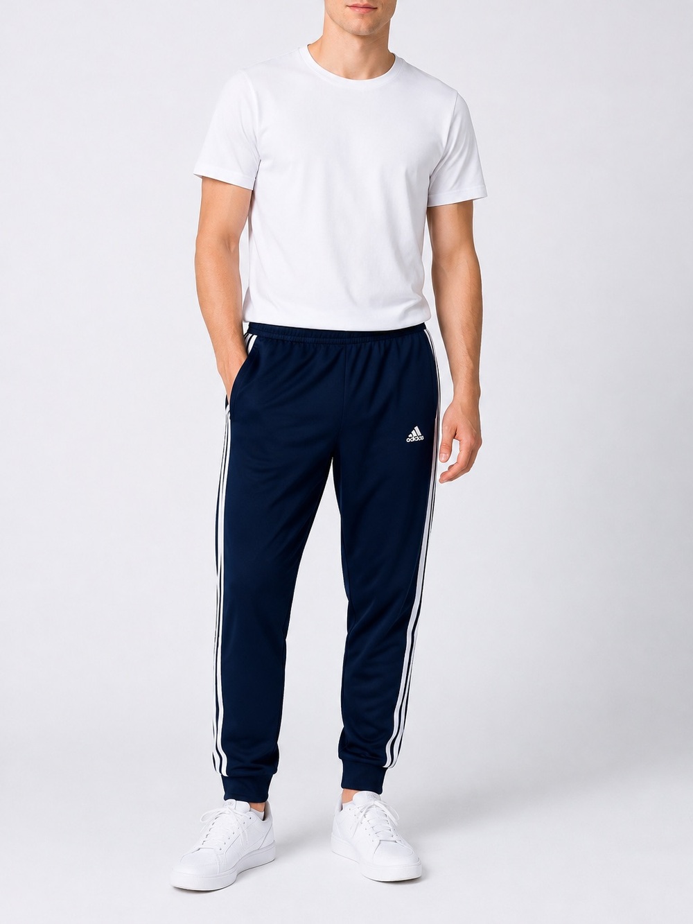 Adidas Track Running Pants Blue White Stripe Drawstring Pockets Large 32x31